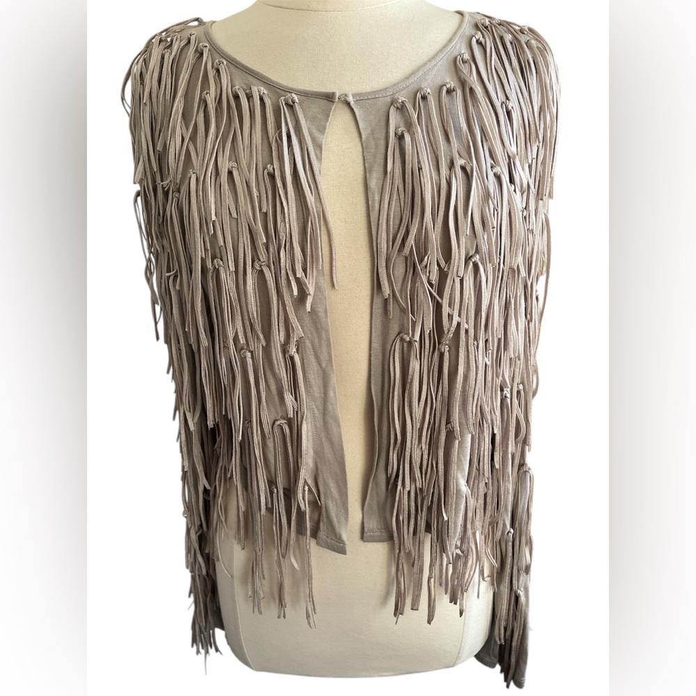 Inc Taupe long sleeve cropped Tassel jacket w/Fringe detail throughout Size L